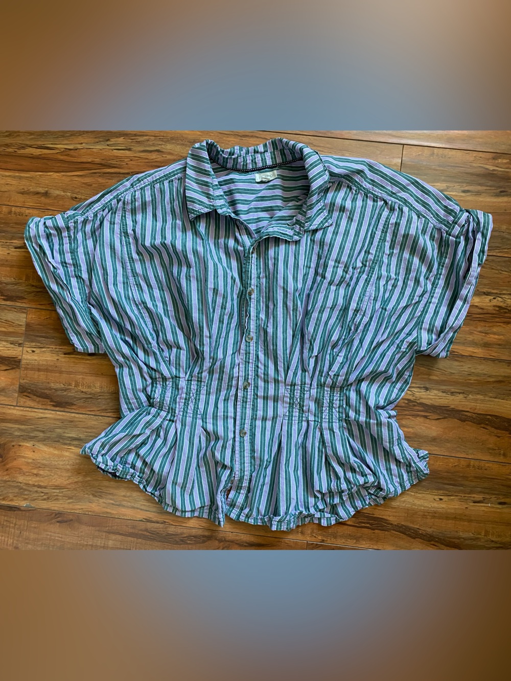 Pilcro Lightweight Striped Button-Up Shirt in White and Teal XL
